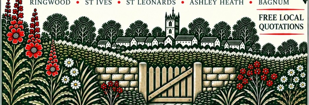 Illustrated garden gate and village scene from The St. Ives Garden Company leaflet